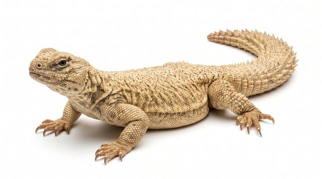Egyptian Mastigure lizard features a spiky tail and tan colored scales on a white surface.