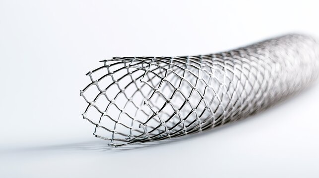 Metallic medical stent showing intricate meshwork, softly lit against a white background, perfect for healthcare visuals