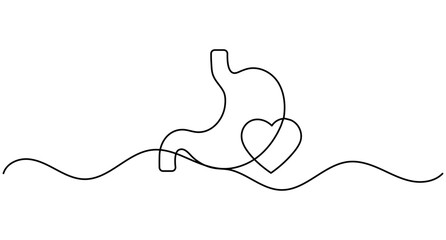Obraz premium Stomach with heart continuous one line drawing minimalist healthy digestion outline editable stroke vector illustration