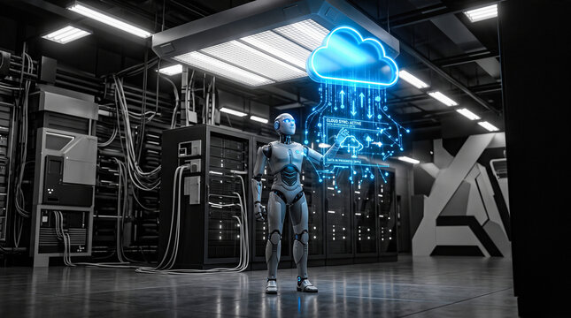 humanoid robot standing inside dark server room touching glowing blue holographic cloud computing symbol floating above floor surrounded by hardware racks cables