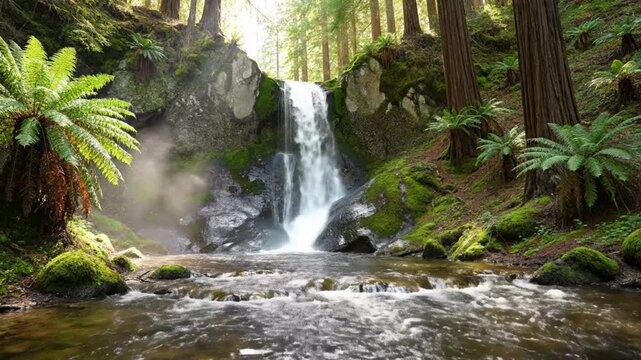 Cascading waterfall pours into a fast-moving stream lined with tree ferns and tall forest trees under warm sunlight.