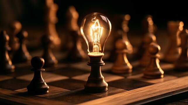 Illuminated lightbulb stands proudly amongst chess pieces, concept symbolizing strategic thinking and innovative business solutions