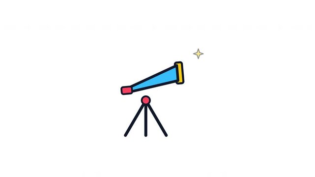 Blue telescope icon animation looking at a star on white background