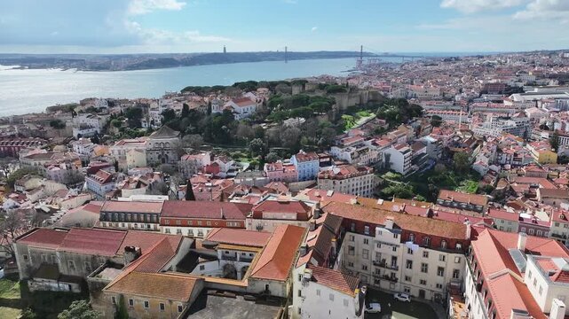 Sao Jorge Castle At Lisbon In Lisbon District Portugal. Medieval Castle Scenery. Ancient Cityscape. Sao Jorge Castle At Lisbon In Portugal. Historical City Landscape. Tourism Travel Destination.