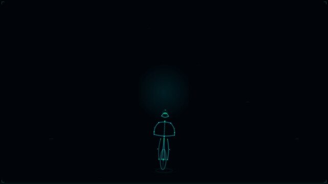 Futuristic glowing wireframe animation of a cyclist riding a bike. Ideal for sports technology presentations, virtual reality interfaces, fitness app backgrounds, and cyberspace tracking concepts.