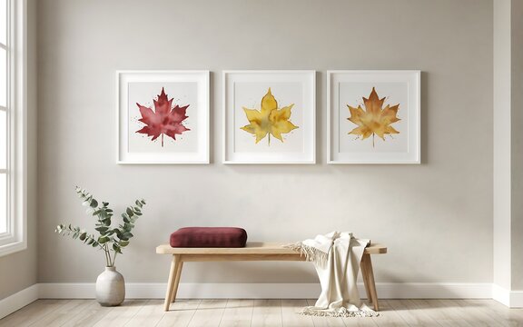 Autumn maple leaf watercolor art in minimalist living room high resolution picture