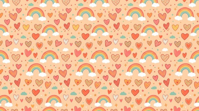 Cute seamless pattern with hand-drawn rainbows, clouds, and hearts, featuring a warm pastel color palette on a light orange background, ideal for children's designs or romantic themes