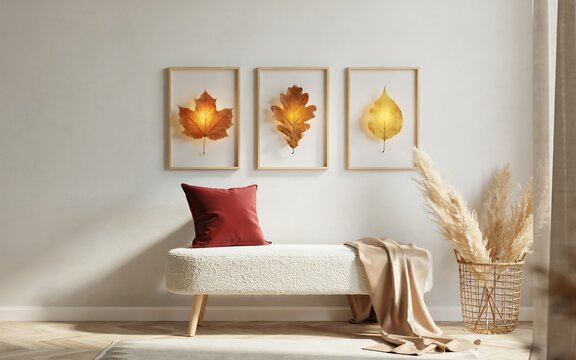 Three framed watercolor maple leaves on beige wall high resolution picture