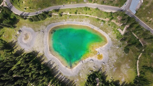 Static top-down drone hover over vivid turquoise alpine lake with rocky shore forest and road in sunlight, Dolomites, South Tyrol, Alps, Italy