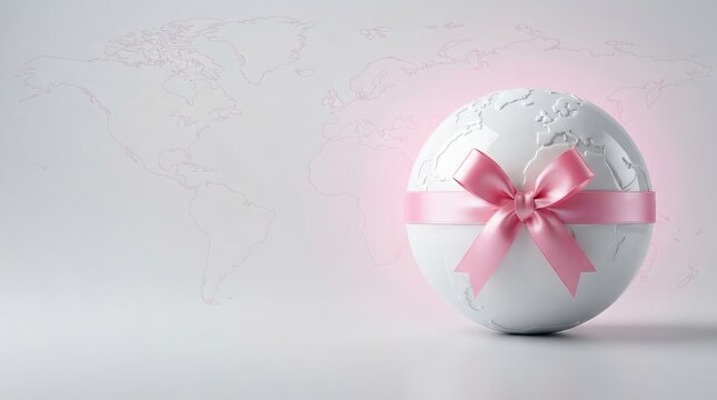 White globe decorated with a pink ribbon, symbolizing global connections and a gentle, hopeful, worldwide message of unity