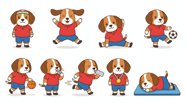 Cute beagle dog athlete character set performing various sports and fitness exercises