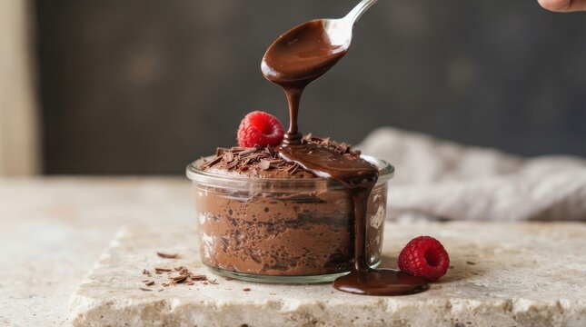 Chocolate mousse in a glass jar with fresh raspberries and drizzled chocolate sauce