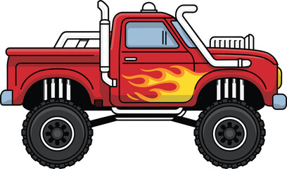 Powerful red monster truck vector icon decorated with yellow fire flames decal graphics isolated on white background © MSTACCHMA