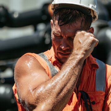 Worker wiping sweat from brow, black pipes in background