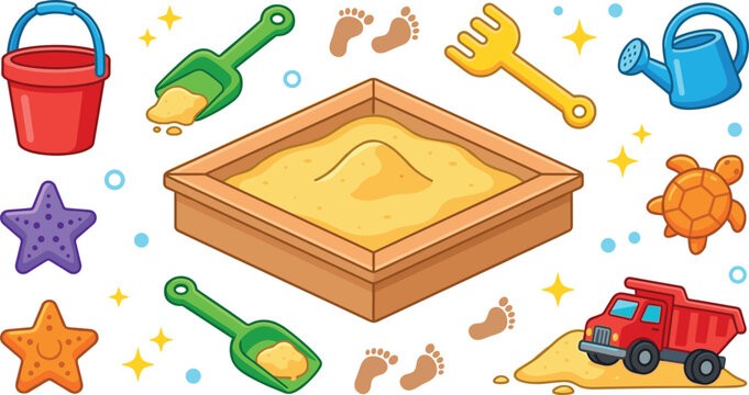 Vector illustration of children wooden sandbox with plastic beach toys isolated on white background