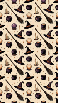 Halloween seamless pattern with witch hats and magic brooms design