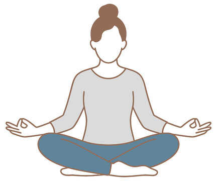 Woman practicing meditation sitting in lotus pose with mudra hand gesture promoting mental health wellness and mindfulness flat vector illustration isolated