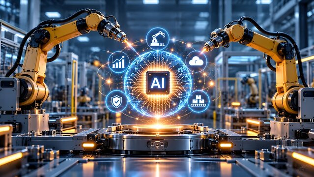 Advanced AI integration in modern factory automation with robotic arms and digital network visualization