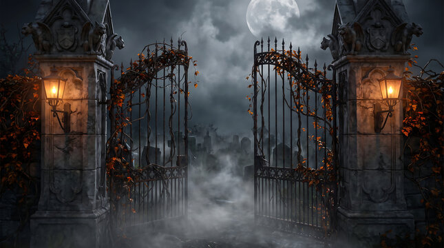 Spooky gothic wrought iron gates at night, cemetery entrance with glowing lanterns, Halloween night full moon graveyard landscape