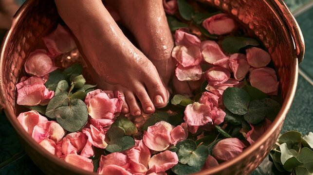 Soothing floral foot soak revealing relaxation and wellness, highlighting luxurious pampering in a spa-like setting