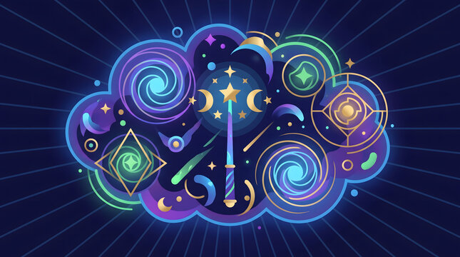 Mystical vector magic fantasy collection featuring glowing cosmic symbols, magical books, crystal balls, wizard elements, stars, and enchanting energy illustrations