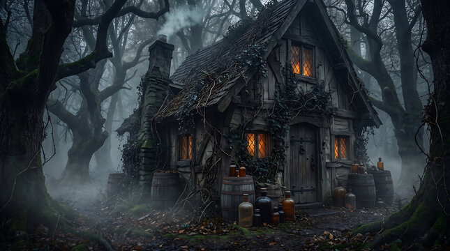 Spooky wooden cottage in dark mysterious forest, eerie witch house with glowing windows, mystical fantasy cabin background