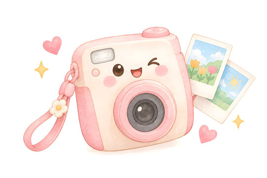 Cute kawaii pink instant camera with printed photos, hearts, and stars in a watercolor illustration style