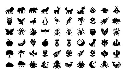 Fototapeta premium Animal and Nature Silhouette Icons Vector Set