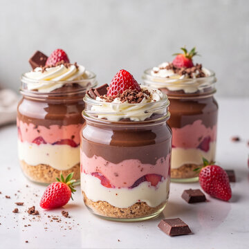 Decadent strawberry chocolate layered desserts in jars, garnished with fresh fruit, whipped cream, and chocolate pieces.