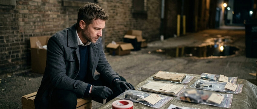 Man in dark alley examining contraband packages at night