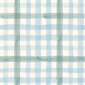 Seamless watercolor plaid pattern with soft blue and sage green checks on cream background, hand painted gingham grid design for textile, wallpaper, wrapping paper and fabric