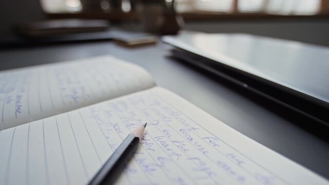 Open notebook with handwritten text and pencil lying near closed laptop on workspace desk in close up. Footage suitable for educational projects, corporate planning, and remote learning