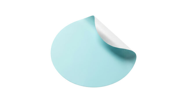 Light blue round sticker with a curled corner isolated on transparent background