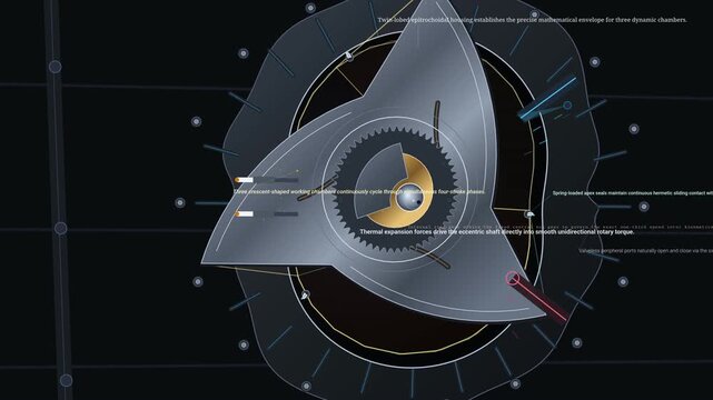 4K animation of a Wankel rotary engine demonstrating the four-stroke internal combustion cycle with a triangular rotor spinning inside an epitrochoidal housing to generate unidirectional rotary torqu