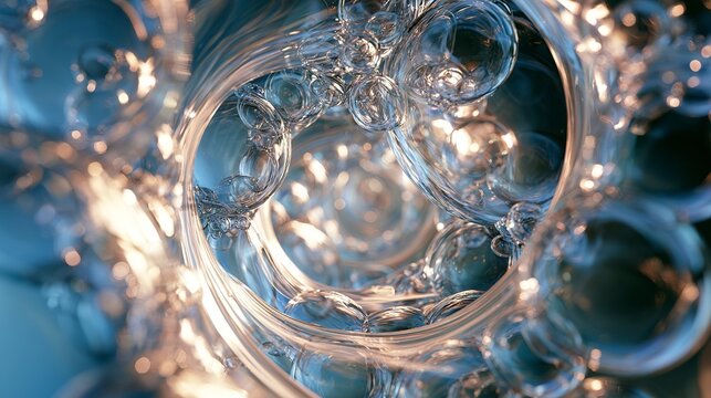 Swirling water droplets forming a translucent vortex, reflecting light, creating a mesmerizing abstract spiral design