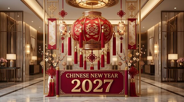 Chinese new year 2027 decoration with red lanterns and gold lettering.