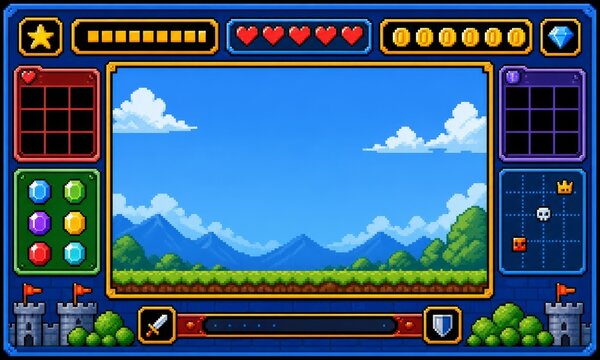 Retro pixel art video game user interface with landscape scenery, hearts and inventory slots