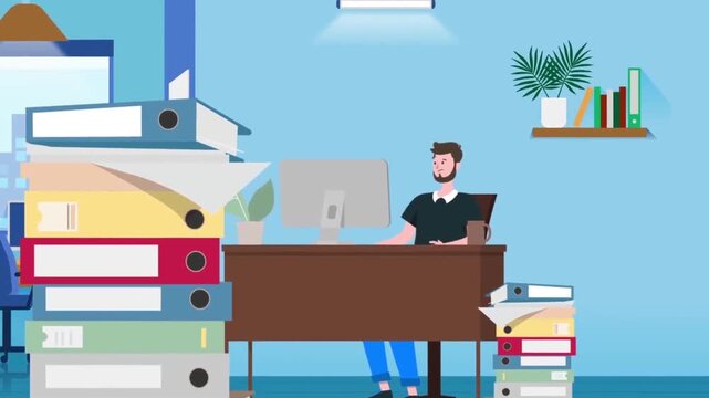 Stressed office worker overwhelmed by massive piles of paperwork and folders in a modern animated cartoon video clip