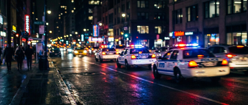 Nighttime City Street with Police Cars Flashing Lights and Wet Reflections
