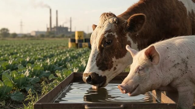 Cow and pig drinking from water trough near industrial polluted site