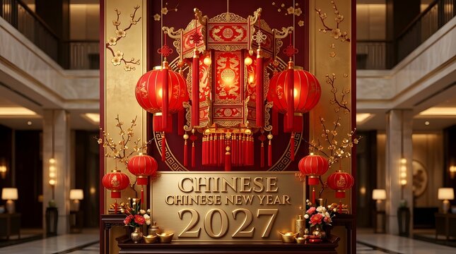 Chinese new year 2027 decoration with red lanterns and gold lettering.