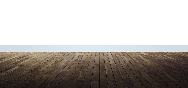 Dark wood floor stage with glass railing and transparent background
