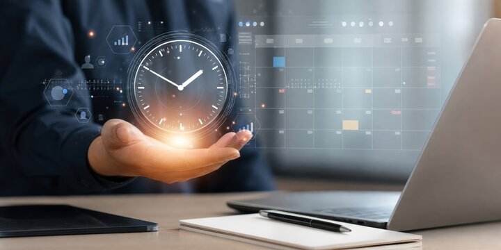 Business professional holding glowing digital clock interface hologram above office desk with laptop