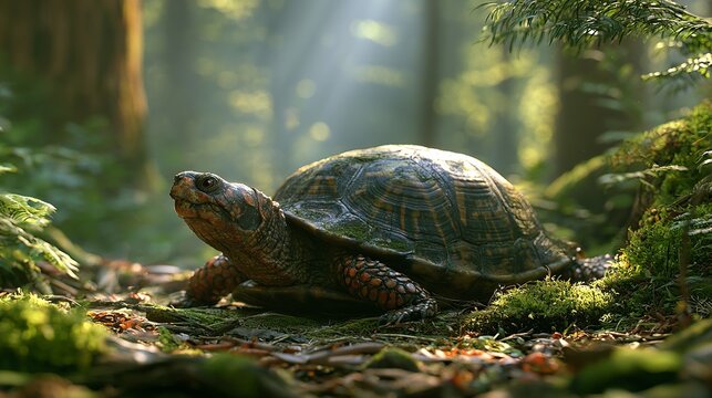 Detailed turtle slowly crawling through a dense, sun-drenched forest floor, representing nature and wildlife conservation
