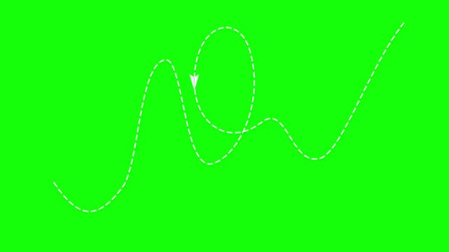 White dashed arrow lines moving on green screen background