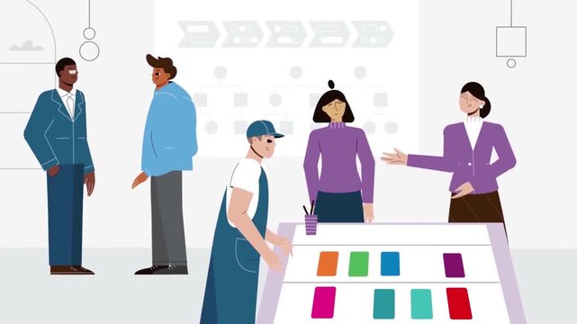 Diverse business team collaborating on office project planning strategy through dynamic animated vector graphic stock video footage clip
