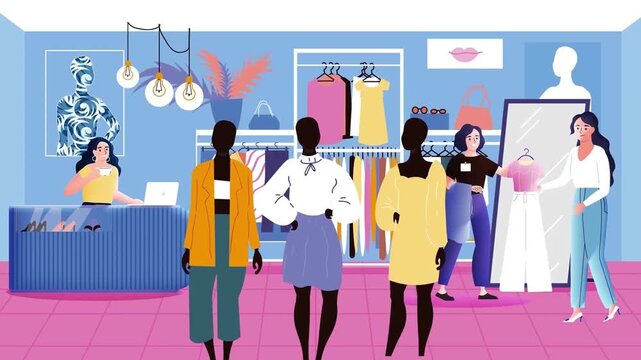 Fashion boutique shopping animation footage showing stylish customers browsing clothing racks inside modern retail store illustration
