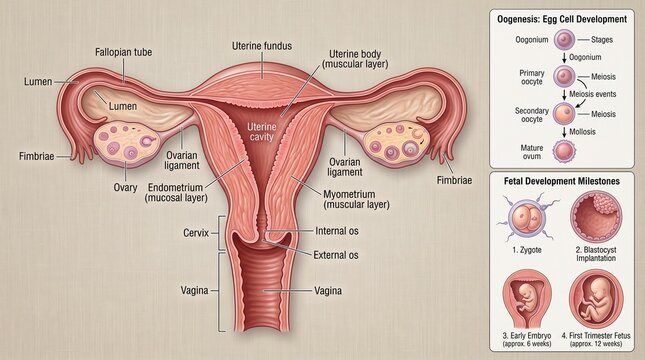 Female reproductive anatomy with uterus ovaries and oogenesis egg cell development chart on textured backdrop