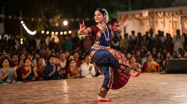 Traditional Indian classical dancer performing graceful choreography in colorful costume on illuminated stage with audience watching eagerly