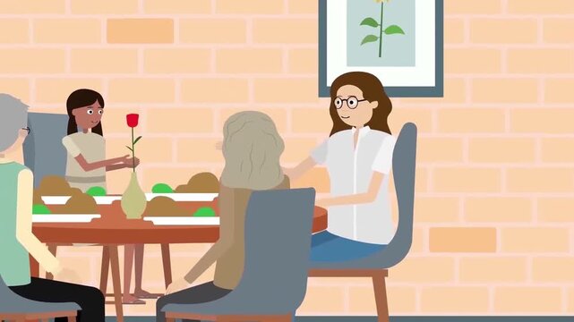 Family members sharing delicious meal together around dining table in animated motion clip footage